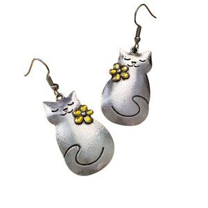Cute Silver Tone Cat Dangle Earrings with Gold Flowers